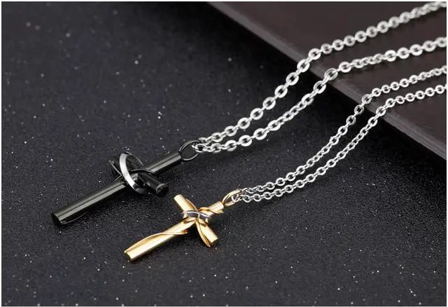 Alt view image 4 of 7 - Black Gold Couples Necklaces His Hers Cross Valentine's Day Gift Catholic Christian Baptism Pendant Church Wedding Jewelry