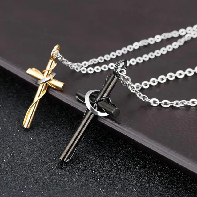Alt view image 7 of 7 - Black Gold Couples Necklaces His Hers Cross Valentine's Day Gift Catholic Christian Baptism Pendant Church Wedding Jewelry