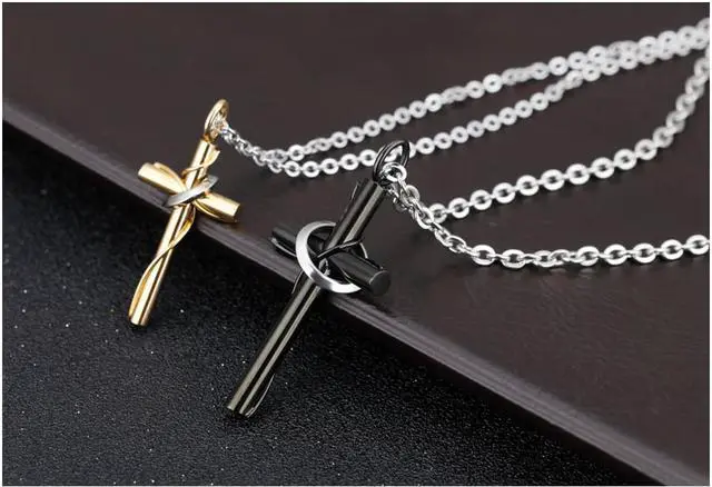 Alt view image 6 of 7 - Black Gold Couples Necklaces His Hers Cross Valentine's Day Gift Catholic Christian Baptism Pendant Church Wedding Jewelry