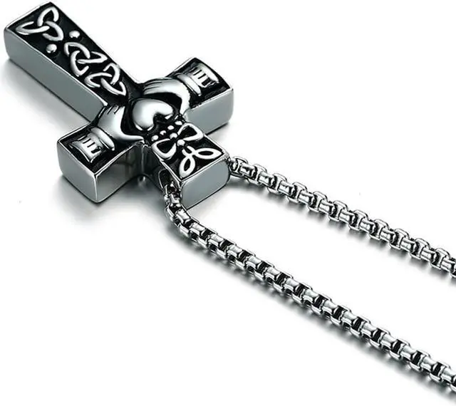 Alt view image 5 of 7 - Vintage Men Women Stainless Steel Faith Hope Love Cross Necklace Celtic Knot Claddagh Jewelry Irish Gift