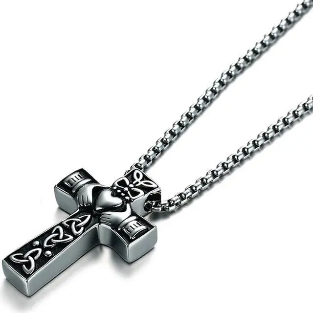 Alt view image 6 of 7 - Vintage Men Women Stainless Steel Faith Hope Love Cross Necklace Celtic Knot Claddagh Jewelry Irish Gift