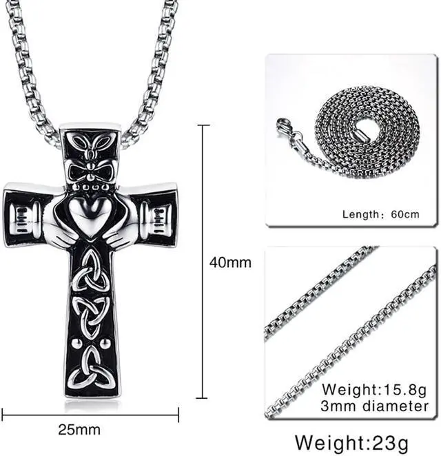 Alt view image 4 of 7 - Vintage Men Women Stainless Steel Faith Hope Love Cross Necklace Celtic Knot Claddagh Jewelry Irish Gift