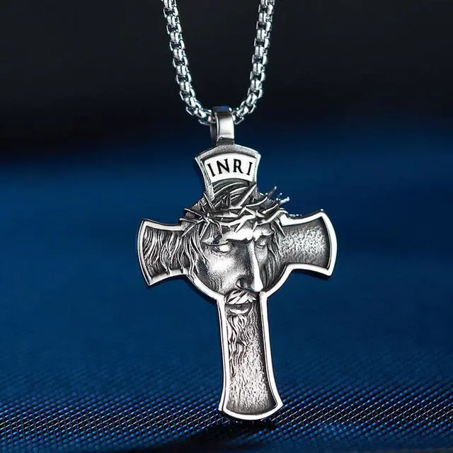 Alt view image 4 of 7 - Christian Jesus Face INRI Cross Necklace Christ Crucifix Pendant Church Baptism Jewelry
