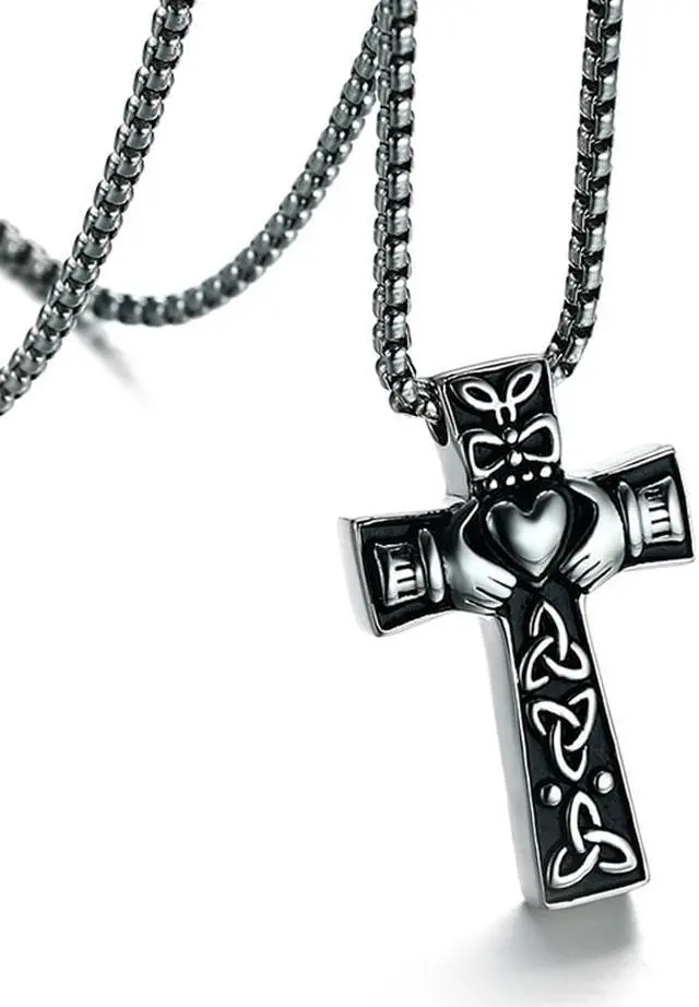 Alt view image 3 of 7 - Vintage Men Women Stainless Steel Faith Hope Love Cross Necklace Celtic Knot Claddagh Jewelry Irish Gift