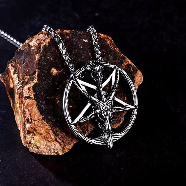 Alt view image 6 of 6 - Men Women Stainless Steel Baphomet Satanic Rams Goat Necklace Inverted Pentagram Skull Sheep Head Pendant Satan Jewelry