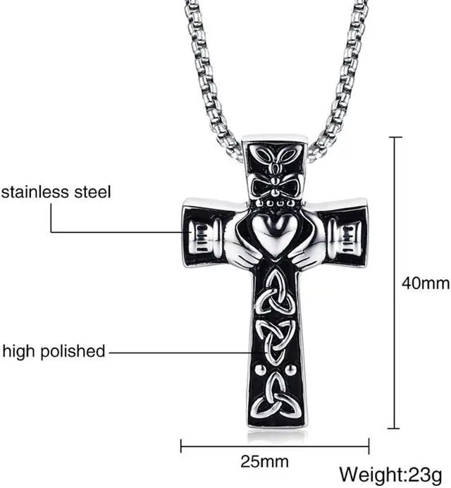Alt view image 2 of 7 - Vintage Men Women Stainless Steel Faith Hope Love Cross Necklace Celtic Knot Claddagh Jewelry Irish Gift