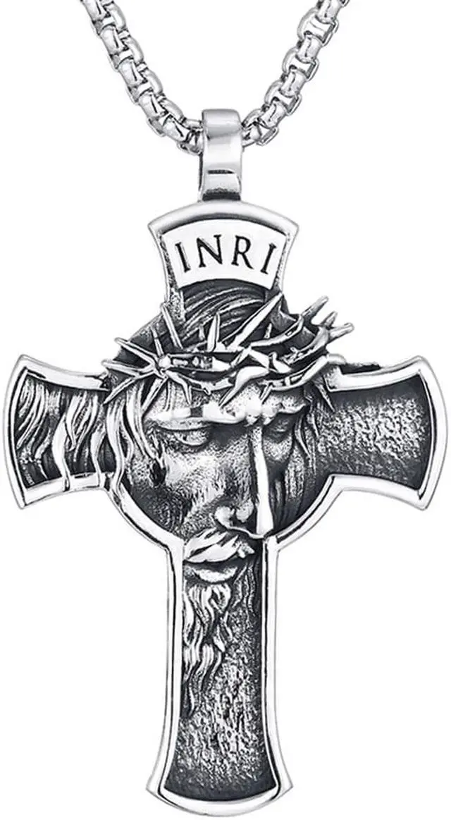 Main image of Christian Jesus Face INRI Cross Necklace Christ Crucifix Pendant Church Baptism Jewelry