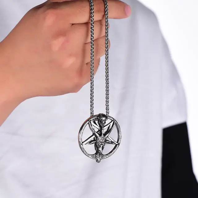Alt view image 4 of 6 - Men Women Stainless Steel Baphomet Satanic Rams Goat Necklace Inverted Pentagram Skull Sheep Head Pendant Satan Jewelry