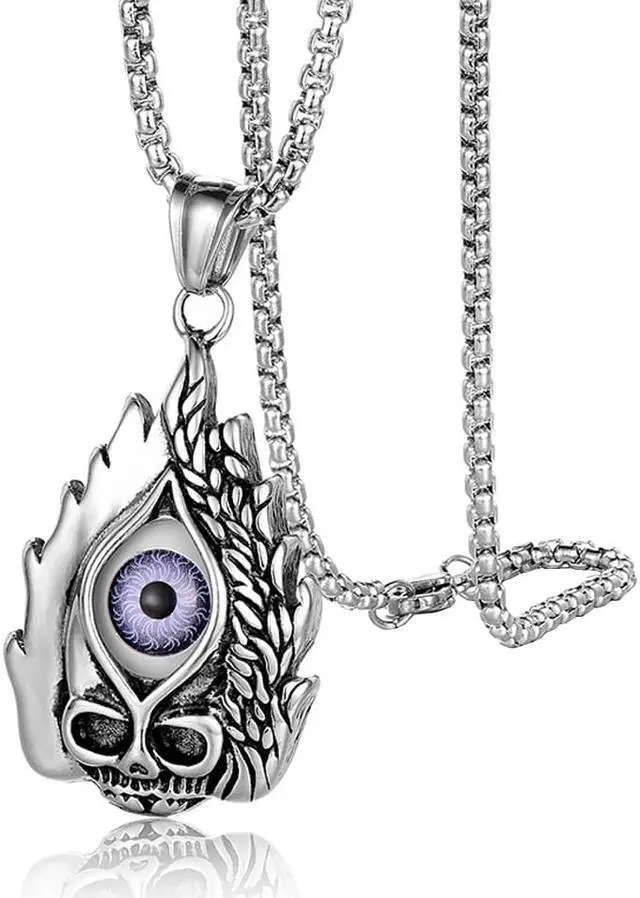 Main image of Men Women Stainless Steel Punk Hip Hop Flame Skull Evil Eye Necklace Gothic Halloween Jewelry