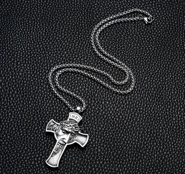 Alt view image 7 of 7 - Christian Jesus Face INRI Cross Necklace Christ Crucifix Pendant Church Baptism Jewelry