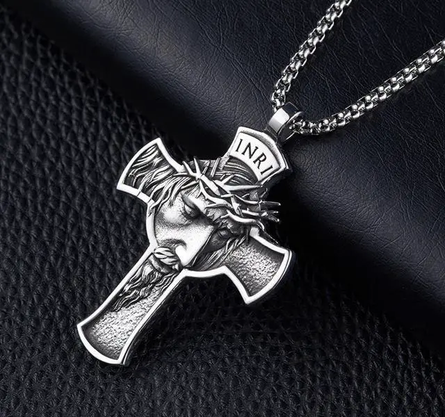 Alt view image 6 of 7 - Christian Jesus Face INRI Cross Necklace Christ Crucifix Pendant Church Baptism Jewelry