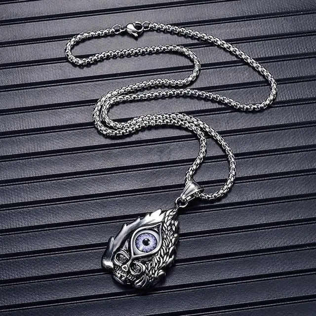 Alt view image 7 of 7 - Men Women Stainless Steel Punk Hip Hop Flame Skull Evil Eye Necklace Gothic Halloween Jewelry
