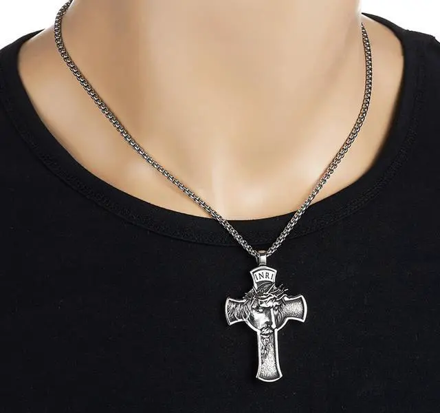 Alt view image 3 of 7 - Christian Jesus Face INRI Cross Necklace Christ Crucifix Pendant Church Baptism Jewelry