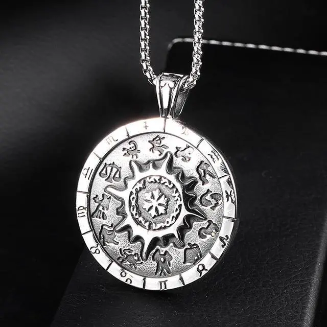 Alt view image 3 of 6 - Men Hip Hop Stainless Steel Twelve Constellation Necklace Amulet Sun Round Medal Pendant Talisman Jewelry