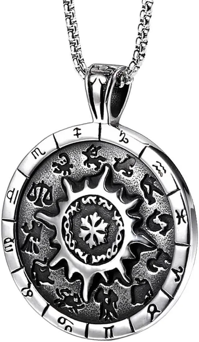 Main image of Men Hip Hop Stainless Steel Twelve Constellation Necklace Amulet Sun Round Medal Pendant Talisman Jewelry