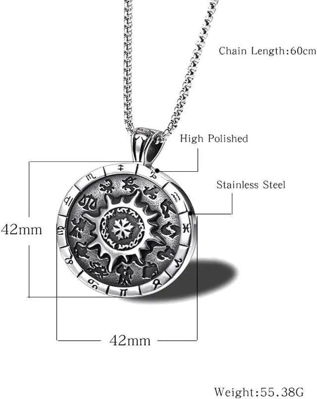 Alt view image 2 of 6 - Men Hip Hop Stainless Steel Twelve Constellation Necklace Amulet Sun Round Medal Pendant Talisman Jewelry