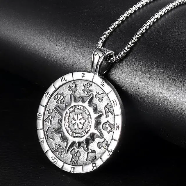 Alt view image 5 of 6 - Men Hip Hop Stainless Steel Twelve Constellation Necklace Amulet Sun Round Medal Pendant Talisman Jewelry