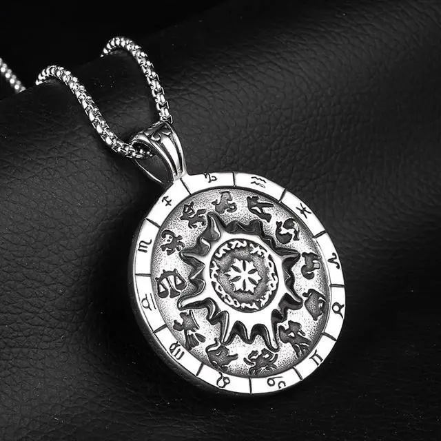 Alt view image 4 of 6 - Men Hip Hop Stainless Steel Twelve Constellation Necklace Amulet Sun Round Medal Pendant Talisman Jewelry