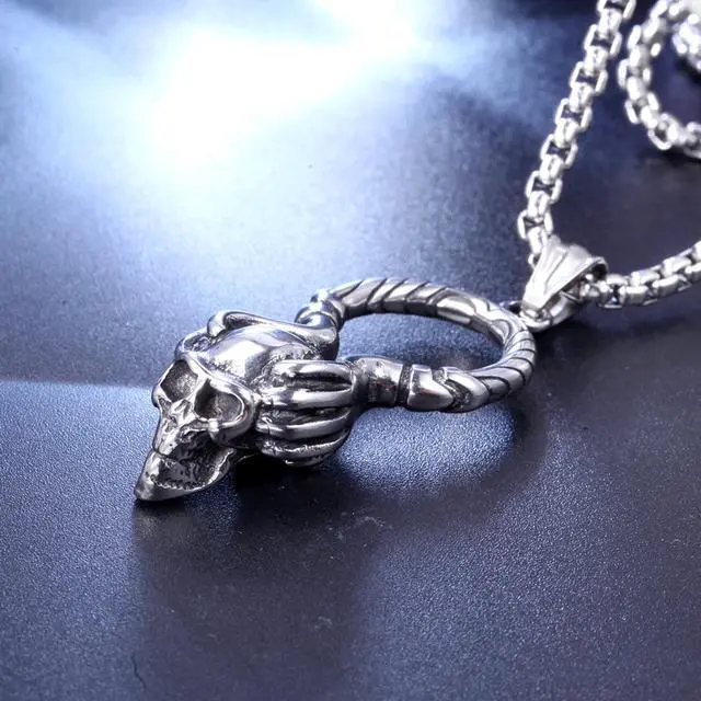 Alt view image 7 of 7 - Stainless Steel Skeleton Hand Skull Pendant Halloween Gothic Rock Punk Necklace