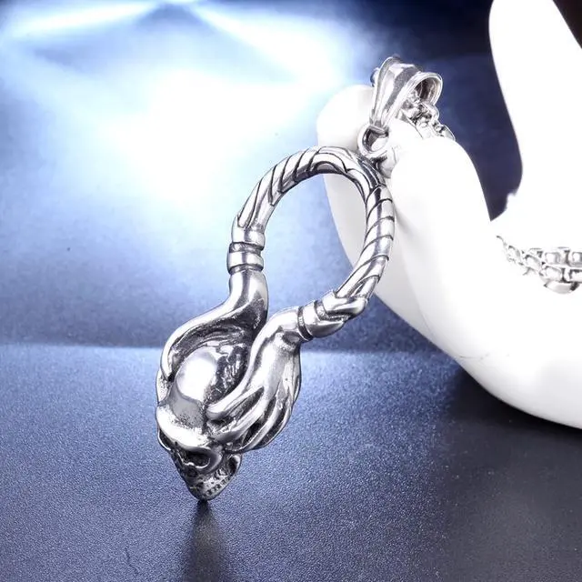 Alt view image 5 of 7 - Stainless Steel Skeleton Hand Skull Pendant Halloween Gothic Rock Punk Necklace
