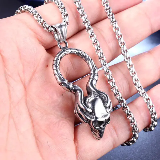 Alt view image 3 of 7 - Stainless Steel Skeleton Hand Skull Pendant Halloween Gothic Rock Punk Necklace