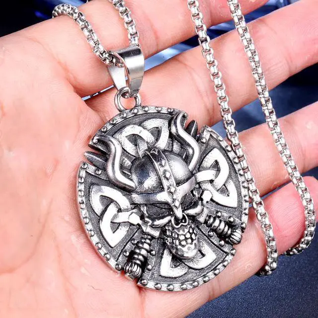 Alt view image 6 of 7 - Stainless Steel Nordic Viking Skulls Pendant Amulet Talisman Necklace