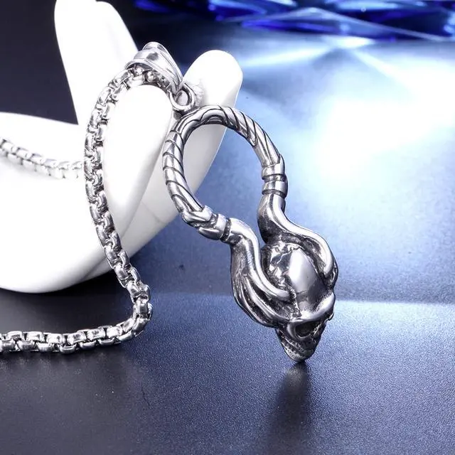 Alt view image 6 of 7 - Stainless Steel Skeleton Hand Skull Pendant Halloween Gothic Rock Punk Necklace