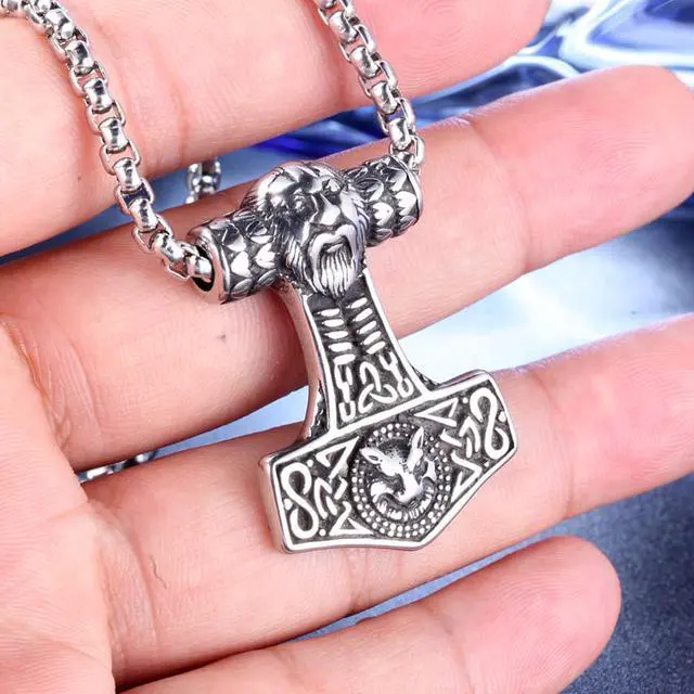 Alt view image 3 of 7 - Men Vintage Viking Legendary Necklace Stainless Steel Nordic Mjolnir Thor's Hammer Wolf Totem Pendant Talisman Amulet Jewelry