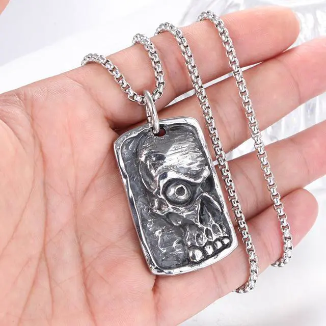 Alt view image 7 of 7 - Vintage Men Stainless Steel Mummy Skull Pendant Dog Tag Necklace Punk Hip Hop Relief Jewelry