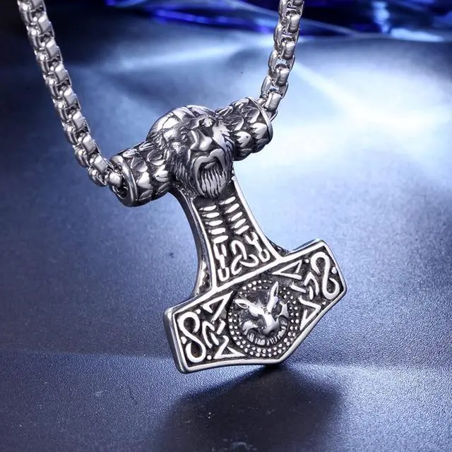 Alt view image 5 of 7 - Men Vintage Viking Legendary Necklace Stainless Steel Nordic Mjolnir Thor's Hammer Wolf Totem Pendant Talisman Amulet Jewelry
