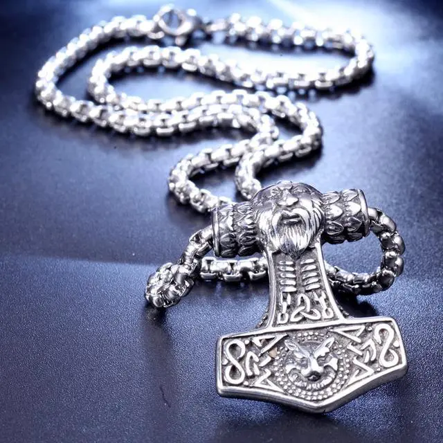 Alt view image 4 of 7 - Men Vintage Viking Legendary Necklace Stainless Steel Nordic Mjolnir Thor's Hammer Wolf Totem Pendant Talisman Amulet Jewelry