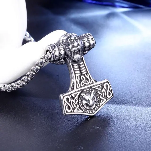 Alt view image 7 of 7 - Men Vintage Viking Legendary Necklace Stainless Steel Nordic Mjolnir Thor's Hammer Wolf Totem Pendant Talisman Amulet Jewelry