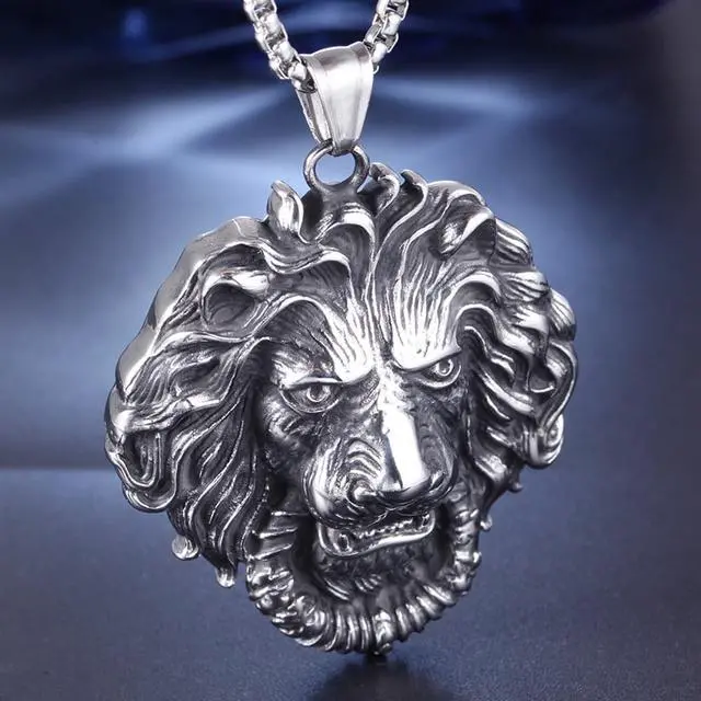 Alt view image 4 of 7 - Men Stainless Steel Domineering Lion King Necklace Punk Hip Hop Animal Head Pendant