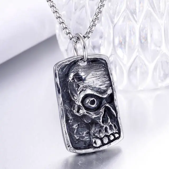 Alt view image 6 of 7 - Vintage Men Stainless Steel Mummy Skull Pendant Dog Tag Necklace Punk Hip Hop Relief Jewelry