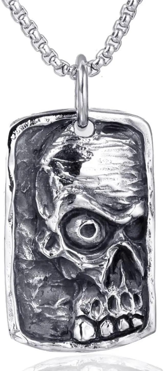 Main image of Vintage Men Stainless Steel Mummy Skull Pendant Dog Tag Necklace Punk Hip Hop Relief Jewelry