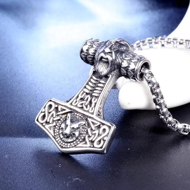 Alt view image 6 of 7 - Men Vintage Viking Legendary Necklace Stainless Steel Nordic Mjolnir Thor's Hammer Wolf Totem Pendant Talisman Amulet Jewelry