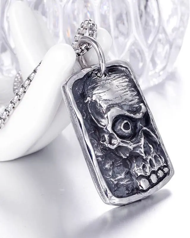 Alt view image 4 of 7 - Vintage Men Stainless Steel Mummy Skull Pendant Dog Tag Necklace Punk Hip Hop Relief Jewelry