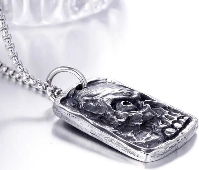 Alt view image 3 of 7 - Vintage Men Stainless Steel Mummy Skull Pendant Dog Tag Necklace Punk Hip Hop Relief Jewelry