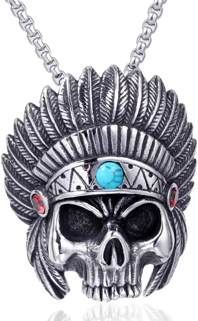 Main image of Men Stainless Steel Skull Head Feather Native American Indian Tribal Chief Pendant Necklace