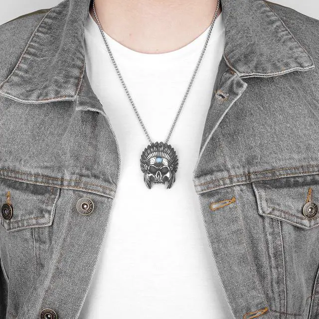 Alt view image 5 of 7 - Men Stainless Steel Skull Head Feather Native American Indian Tribal Chief Pendant Necklace