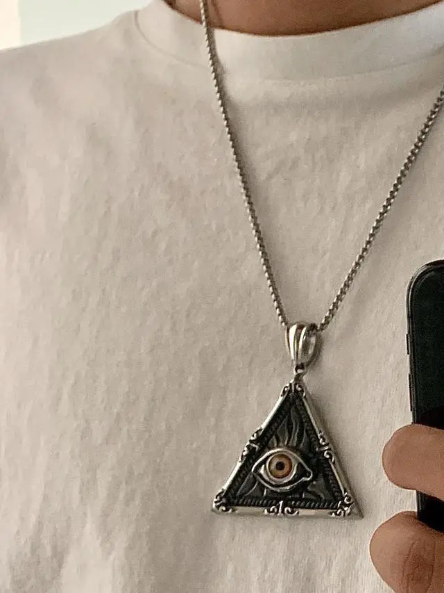 Alt view image 3 of 5 - Men Stainless Steel Vintage Evil Eye Triangle Pendant Necklace