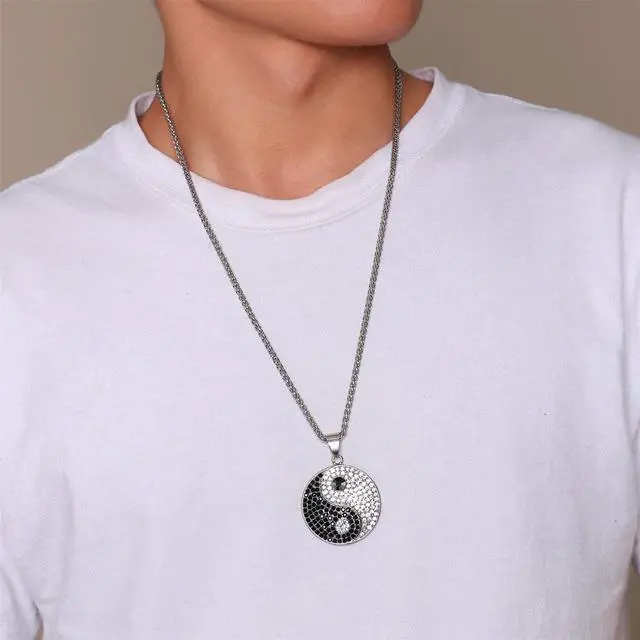 Alt view image 7 of 7 - Stainless Steel Religious Yin Yang Tai Ji Gossip Pendant Necklace Inlaid Rhinestone Jewelry