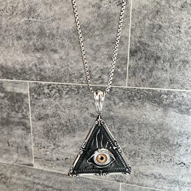Alt view image 4 of 5 - Men Stainless Steel Vintage Evil Eye Triangle Pendant Necklace