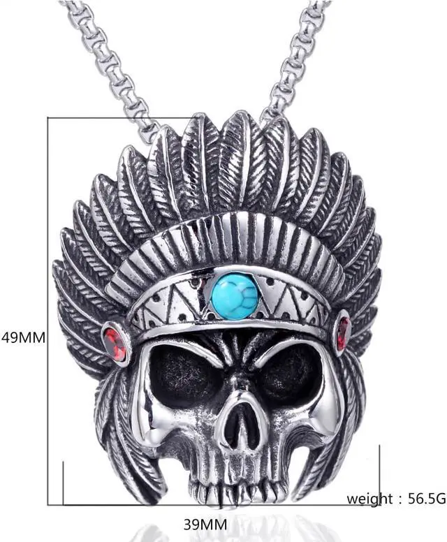 Alt view image 2 of 7 - Men Stainless Steel Skull Head Feather Native American Indian Tribal Chief Pendant Necklace