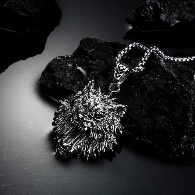 Alt view image 7 of 7 - Wolf Head Necklace Stainless Steel Punk Rock Hip Hop Men Pendant Jewelry