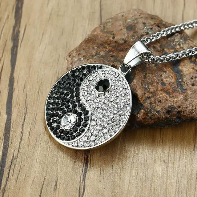 Alt view image 4 of 7 - Stainless Steel Religious Yin Yang Tai Ji Gossip Pendant Necklace Inlaid Rhinestone Jewelry
