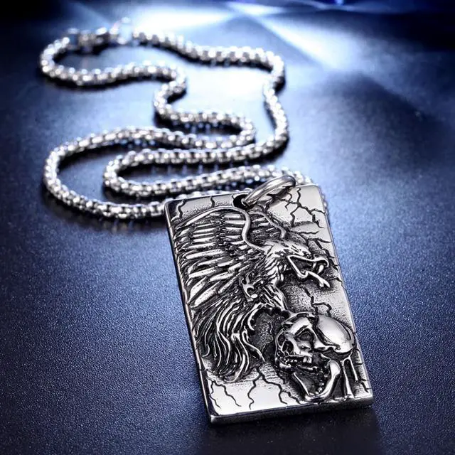 Alt view image 5 of 7 - Stainless Steel Men's Necklace Eagle Skull Head Pendant Hip Hop Punk Jewelry