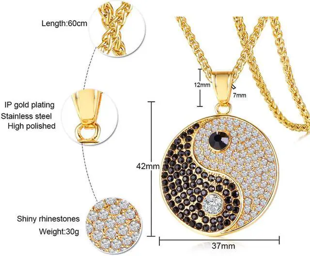 Alt view image 2 of 7 - Gold Plated Stainless Steel Yin Yang Tai Ji Gossip Pendant Necklace Inlaid Rhinestone Jewelry