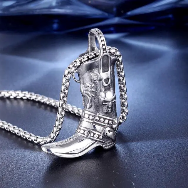 Alt view image 5 of 7 - Men Stainless Steel Cowboy Boots Necklace Gothic Skull Scorpion Pendant Pirate Shoes Jewelry