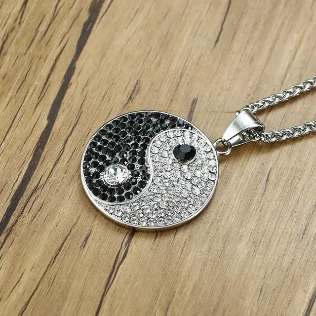 Alt view image 6 of 7 - Stainless Steel Religious Yin Yang Tai Ji Gossip Pendant Necklace Inlaid Rhinestone Jewelry